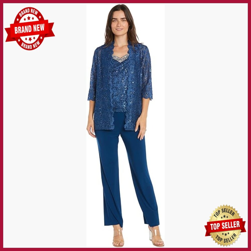 3-Piece Glitter Lace Pantsuit With Beaded Sweetheart Neckline & Sheer Jacket